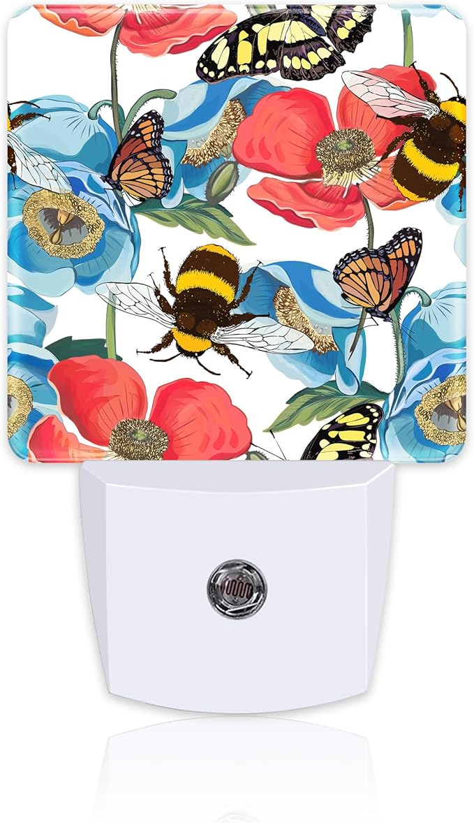 Red Poppy Flowers with Bee Butterflies Night Light for Kids,Bright Floral Insects Night Light Plug in with Dusk to Dawn Sensor,0.5w Energy Saving Nightlight for Hallway Stairway Kitchen Bedroom