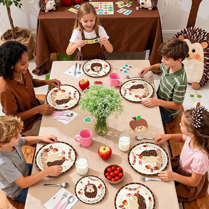 96Pcs Hedgehog Birthday Party Supplies Forest Hedgehogs Woodland Plates and Napkins Cartoon Forest Animal Themed Tableware Set for Kids Boys Girls Birthday Party Supplies，Serves 24