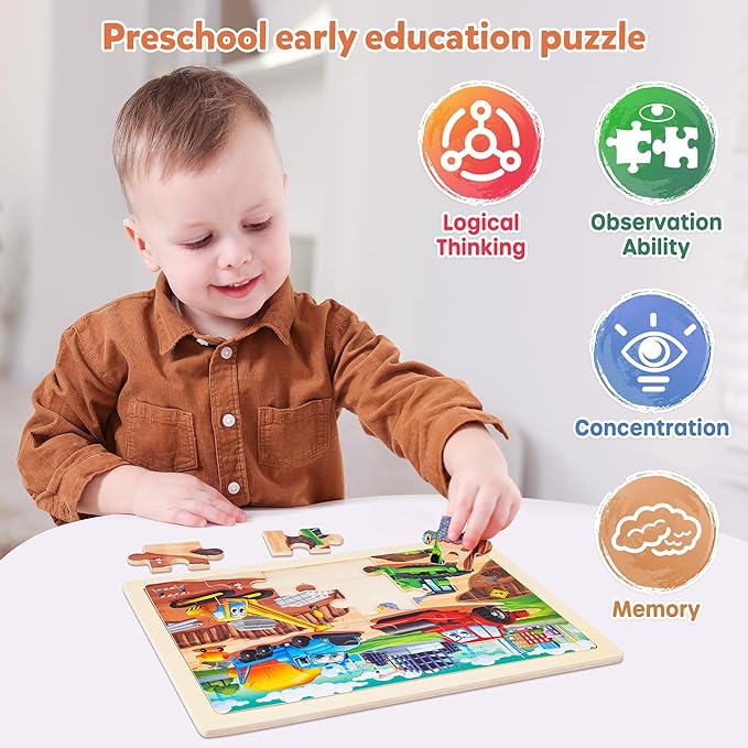 SYNARRY Large Wooden Construction Vehicle Puzzles for Toddlers 3-5, 24 Piece Monster Truck Puzzles for Kids Ages 4-6, Construction Toys for 3 4 5 6 Year Old, Kids Toys Easter Basket Stuffers Gifts