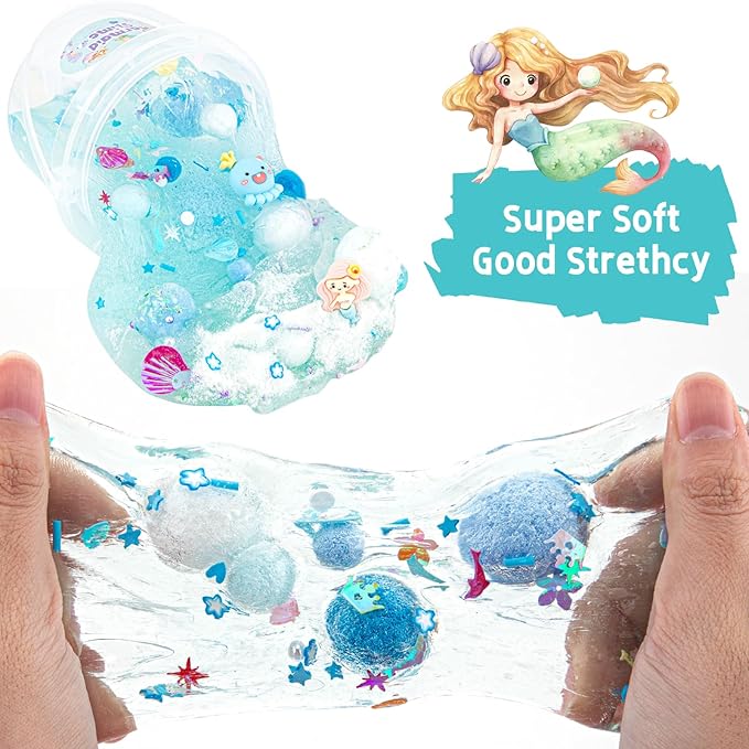 10 FL OZ Mermaid Clear Slime Kit, Blue Slime Bucket, Slimes Party Favors for Kids, Glimmer Crunchy Slimes Includes 9 Packs of Add-ins, Sensory Experience DIY Toys for Girls and Boys Ages 8-12