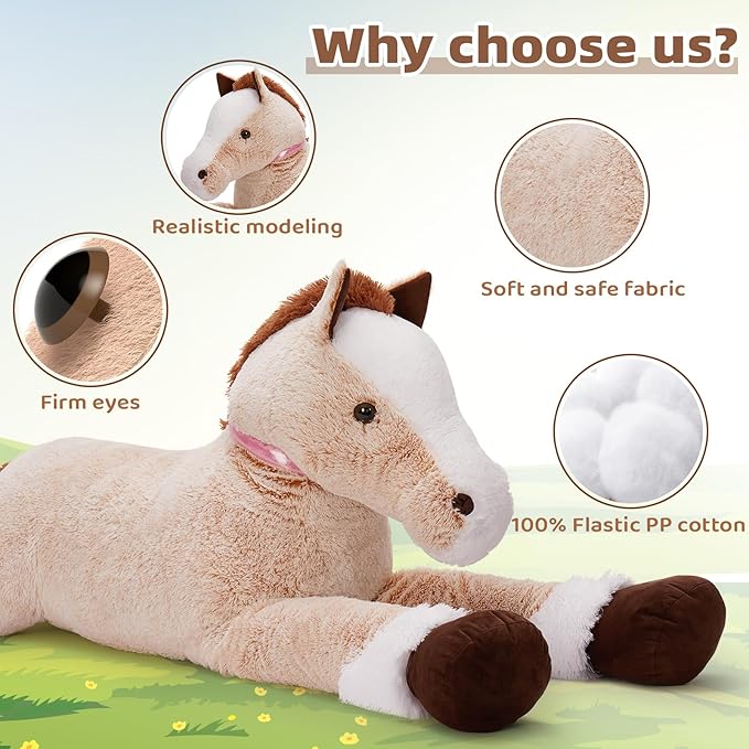 Tezituor 59inches Oversize Horse Stuffed Animal, Riding 5ft Giant Stuffed Piny Farm Plush Toy for Kids, Hugging Lifesize Soft Horse Plush Body Pillow Party Decor for Adult