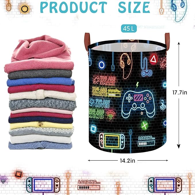 Gaming Laundry Basket ,Large Neon Color Nursery Hamper,Gamer Room Decor for Boys,Collapsible Clothes Towel Toy Book Storage Bin for Dorm Nursery Bedroom(Round)