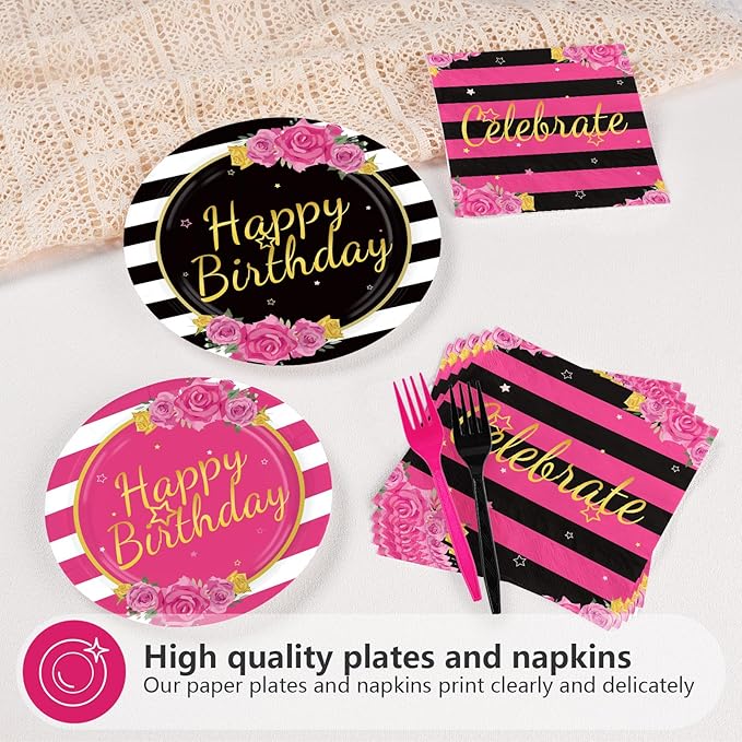 96Pcs Black and Pink Birthday Party Supplies Happy Birthday Plates and Napkins Hot Pink Rose Black White Stripe Tableware Set for Girls Women Couple Birthdays Party Supplies Serves 24
