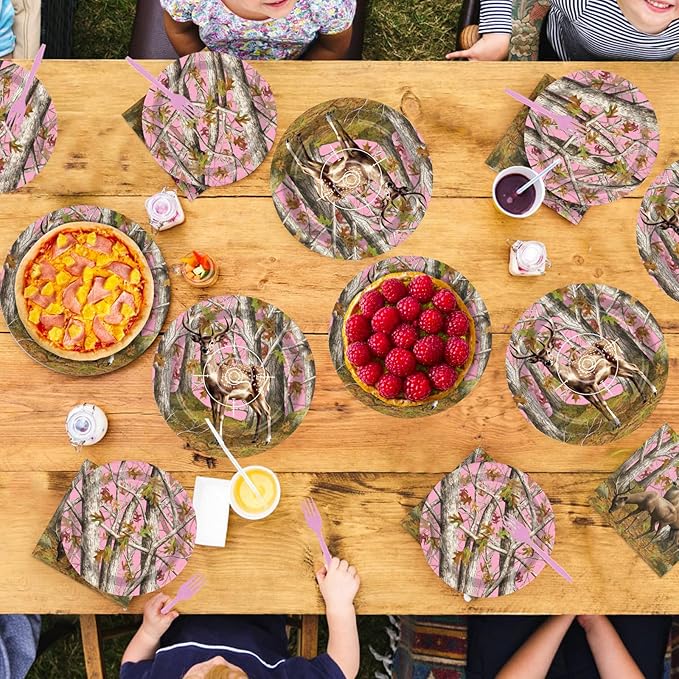 96Pcs Pink Hunting Deer Camo Decorations Woodland Deer Plates and Napkins Tableware Sets Hunting Themed Decorations for Hunter Outdoor Camping Picnic Camouflage Party Supplies Serves 24