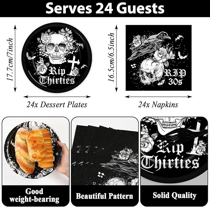 Rip 30s Birthday Party Supplies Serves 24 Death To My 30s Party Decorations Paper Plates Napkins Disposable Black 40th Birthday Tablecloth Set Tableware Kit for My Youth Funeral Party