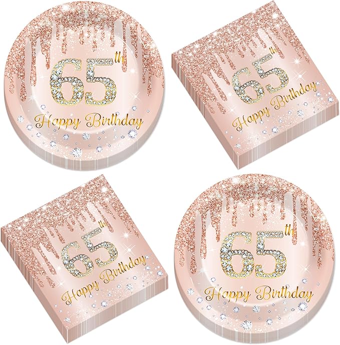 50Pcs Rose Gold 65th Birthday Party Paper Plates and Napkins Women Rose Gold 65 Years Old Table Decorations Happy Sixty-five Years Old Tableware Set Serves 25 Guest Pink 65th Birthday Party Supplies