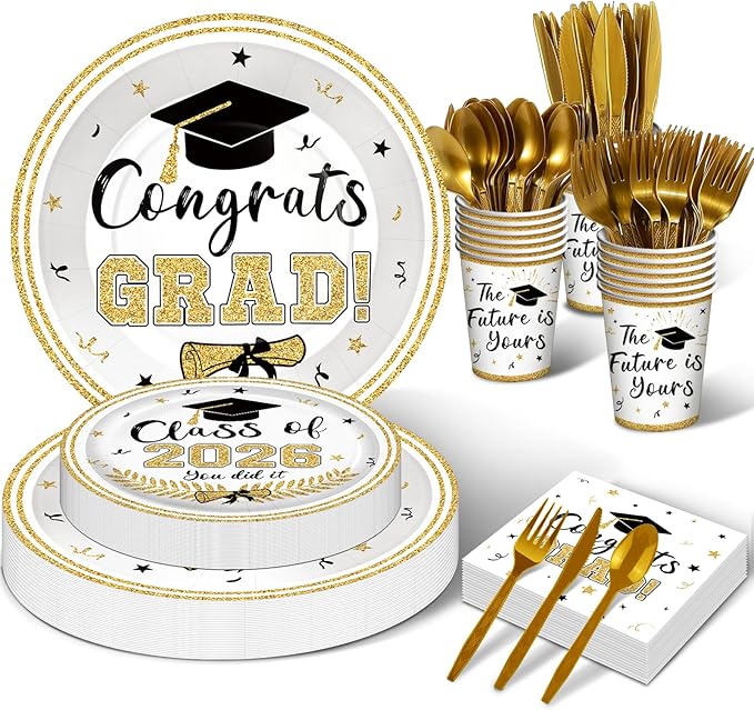 175 Pcs Graduation Tableware Set Party Supplies - Serves 25, Congrats Grad Class of 2026 Disposable Plates, Cups, Napkins, Forks, Spoons, Knives for High School, College Graduation, Prom Decorations