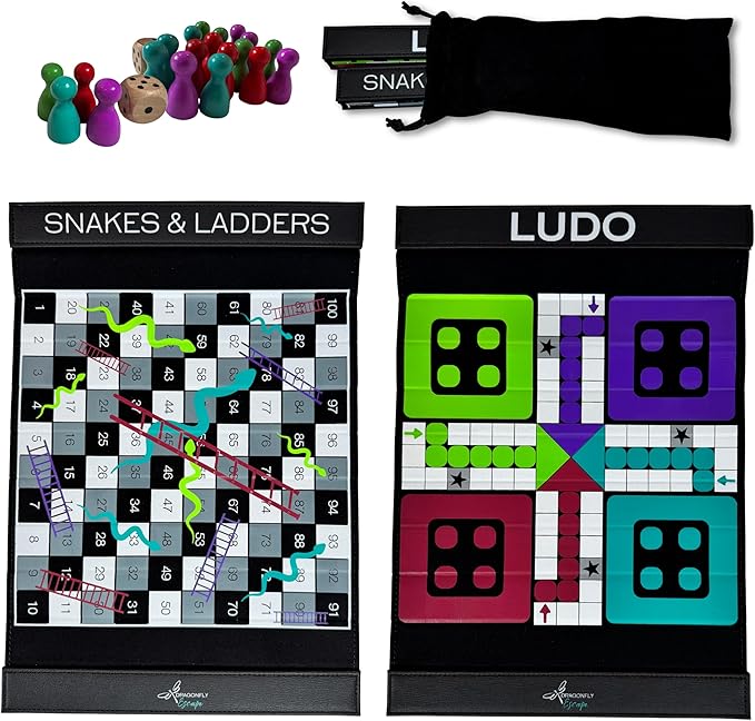 Ludo and Snakes & Ladders 2-in-1 Set, Compact Travel-Friendly Folding Boards, Wooden Pieces & Dice, Portable Family Game