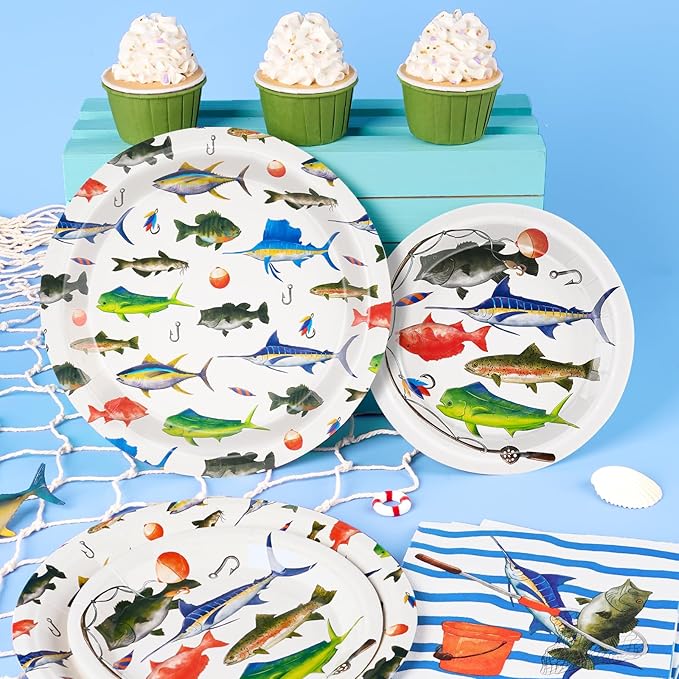 WERNNSAI Fishing Party Decorations - 48PCS Tropical Fish Birthday Party Decorations Fishing Plates Napkins Tablmeware Set for Boys Baby Shower Fisherman Birthday Party Decor Serves 16 Guests