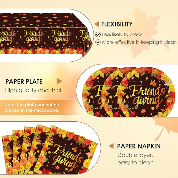 41 PCS Fall theme Thanksgiving Party Supplies Kit,Happy Friendsgiving Tableware Include Dessert Plates, Napkins,Tablecloth Autumn Harvest Disposable Dinnerware For Autumn Thanksgiving Party