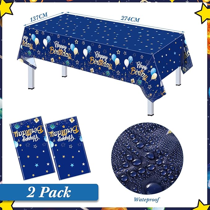 Pajean Blue Happy Birthday Party Tableware Set Birthday Decoration Banner and Tablecloths Decoration Plates Cups Napkins Dinnerware for 24 Guests Party Supplies(Blue and Gold)
