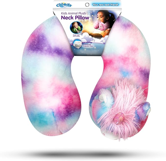 Cloudz Kids Super Soft N' Cuddly Animal Airplane Travel Neck Pillow! Keep Children Comfy and Supported with a Buddy While Traveling or just Resting at Home - Pink/Blue Unicorn