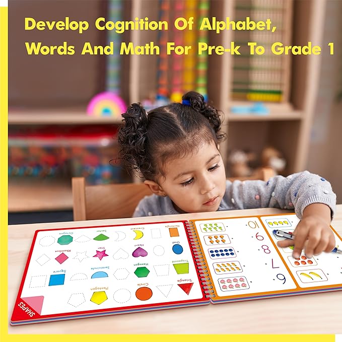 Handwriting Practice Book, 40 Pages Dry Erase Preschool Workbook Montessori Learning Toy Educational Tool for Alphabet/Numbers/Colors/Shapes/Line Tracing - for Toddlers, Kids 3-5 Years Old