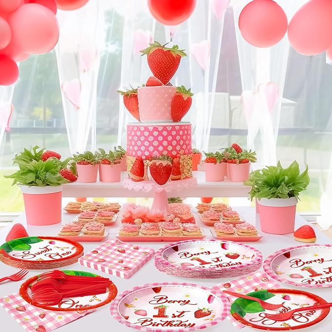 Berry First Birthday Party Decoration - 96Pcs Strawberry 1st Sweet One Plates Napkins Fork Tableware, Strawberry First Disposable Party Supplies for Girl 1st Birthday Baby Shower Table Decor, Serve 24