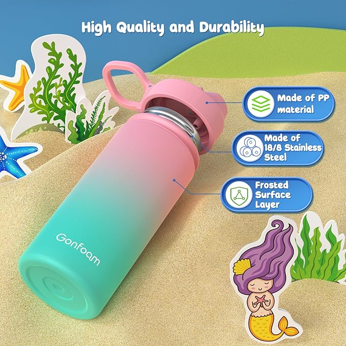 Kids Water Bottle, 16oz Kids Water Bottle with Stickers for School, insulated Stainless Steel Straw Cup(Pink/Green)
