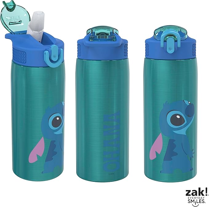 Zak Designs Disney Lilo and Stitch Water Bottle for Travel and At Home, 19 oz Vacuum Insulated Stainless Steel with Locking Spout Cover, Built-In Carrying Loop, Leak-Proof Design (Stitch)