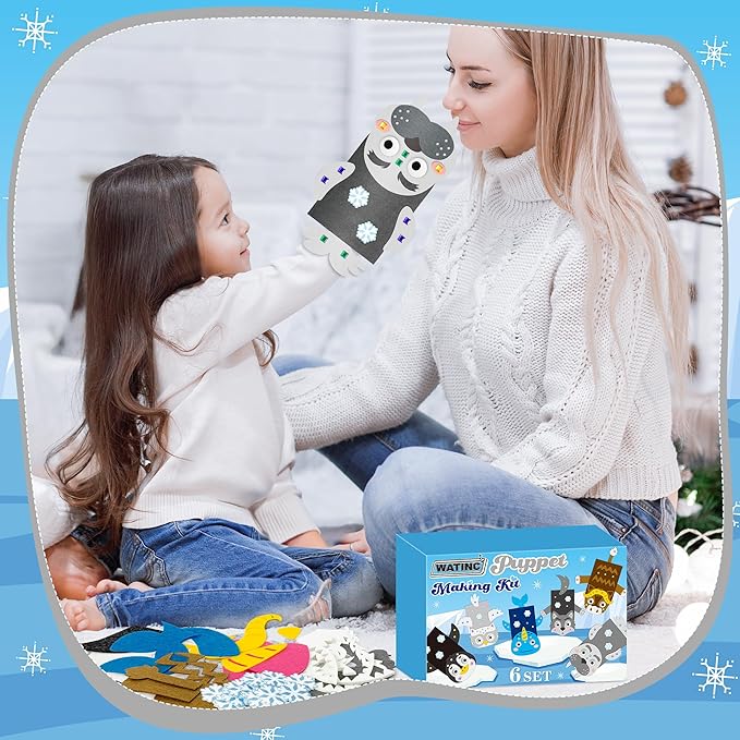 WATINC 6Pcs Hand Puppet Making Kit, Art Craft Felt Sock Puppet Toys, Creative DIY Make Your Own Pompoms Wiggle Googly Eyes Storytelling Role Play Party Supplies Gift for Girls Boys (Polar Animals B)