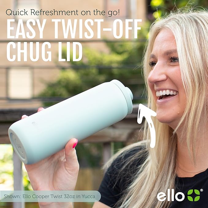 Ello Cooper Twist 40oz Stainless Steel Water Bottle with Chug Lid | Leak Proof | Double Walled and Vacuum Insulated | Built in Carry Loop | Dishwasher Safe | Halogen Blue