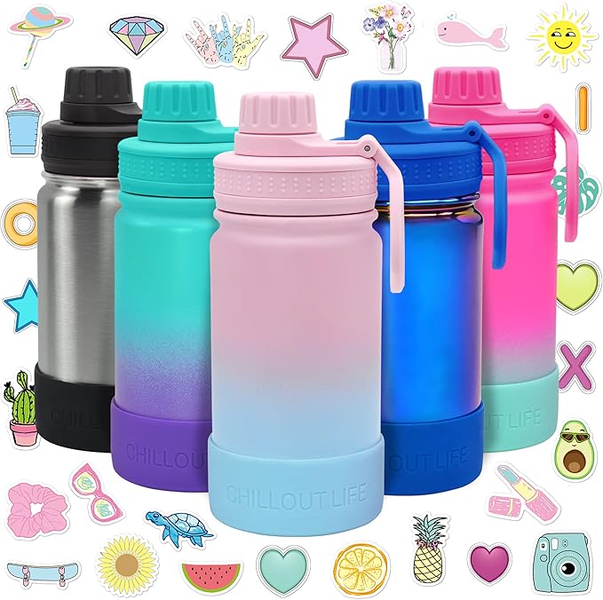 CHILLOUT LIFE 12 oz Kids Insulated Water Bottle for School with Leakproof Spout Lid and Cute Waterproof Stickers, Personalized Stainless Steel Thermos Flask Metal Water Bottle For Girls & Boys