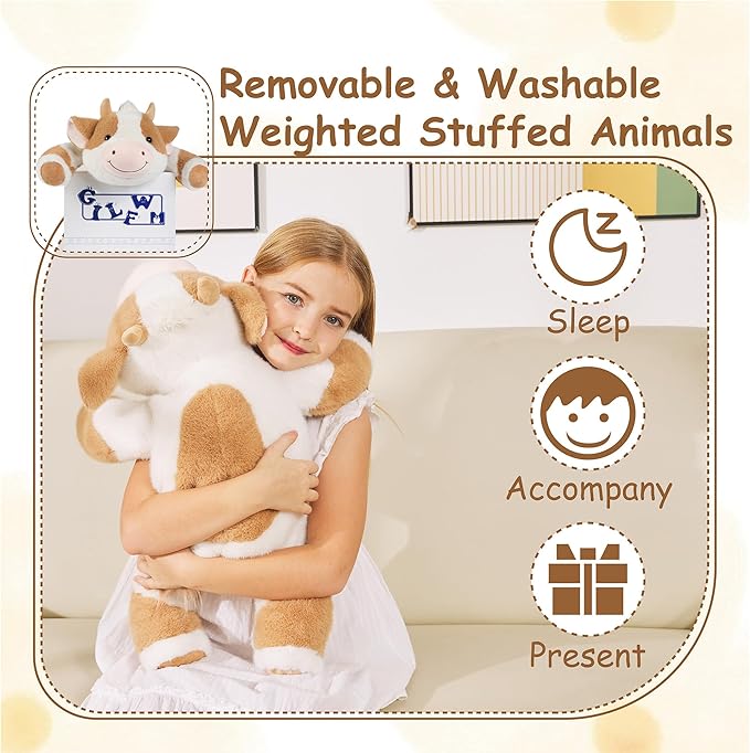 GILFWM Weighted Stuffed Animals Cow - 25" Big Stuffed Animal Toy Pillow for Kids & Adults, 5 lbs Soft Washable Weighted Plush