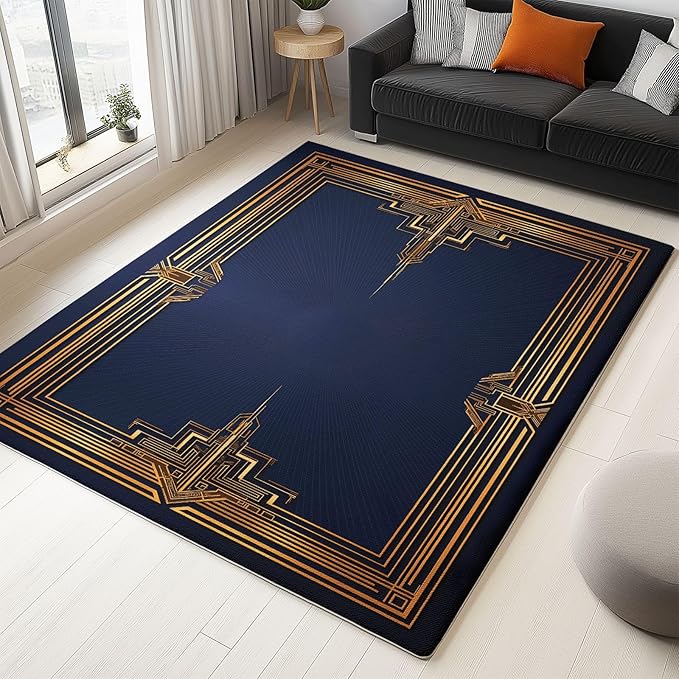 Dark Flannel Rug Geometric Gold Rectangle Frame Machine Washable Area Rug, 5 x 8 ft Non Slip Rugs for Living Room Bedroom Office Kids Playroom Decor Carpet Mat