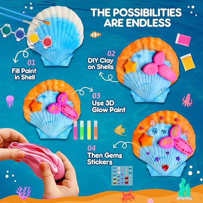 EPUMP Sea Shell Painting Kit for Kids - Glow in the Dark Beach Toys and Summer Crafts, Arts and Crafts Kit Creative DIY Indoor Outdoor Activity Toy Birthday Gift for Boys Girls Age 6 7 8 9 10 11 12+