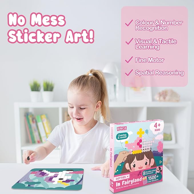 BINCA Dotties Dot Art Activity Kit, 1500+ Stickers, 8 Unicorns & Princesses Mess-Free Activities, DIY Dot Sticker Art, Kids Travel Activities, Gifts for Girls Ages 4,5,6,7