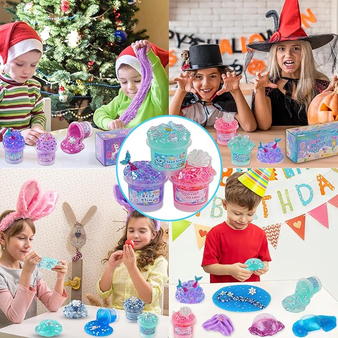 3 x 100mL Ocean Slime Kit for Girls & Boys: Mermaid Bead, Pink Crunchy & Blue Clear Slime, Sensory Experience DIY Slimes Set, Slimes Party Favors for Kids Birthday Easter Halloween Teens Gift