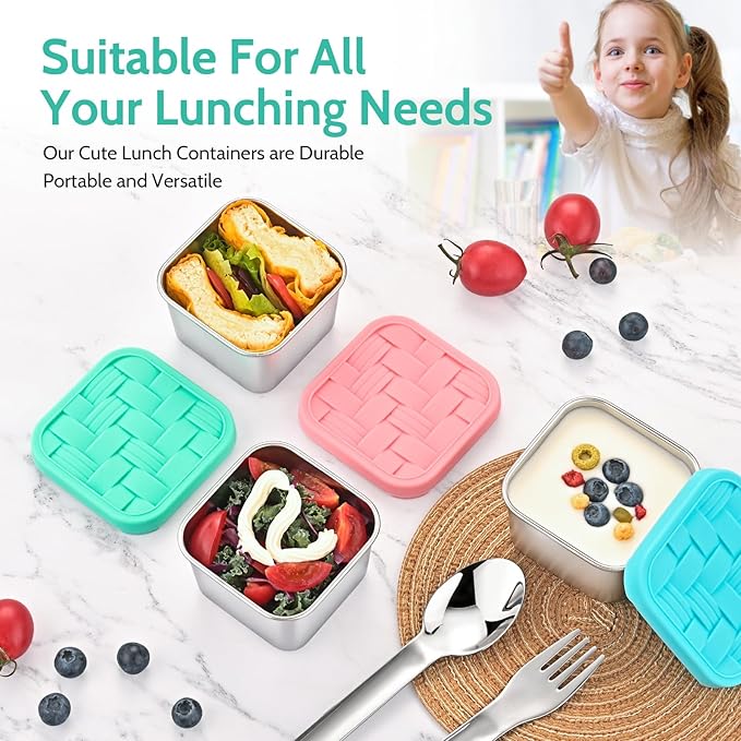 4PC 6oz Stainless Steel Snack Containers for Kids, BPA-Free Metal Toddler Snack Containers with Silicone lids, Leakproof Reusable Lunch Containers for School, Travel, Bento, Daycare