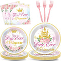 96Pcs Four Ever a Princess Plates and Napkins Girl 4th Birthday Party Decorations Royal Pastel Castle Dessert Disposable Plates Pink & Gold Tableware Set for 24 Guests Floral Fairytale Party Supplies