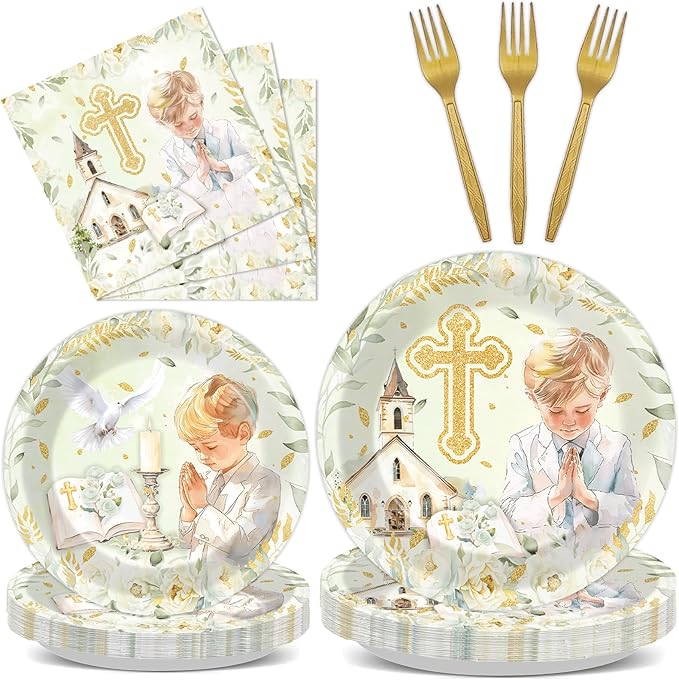 96Pcs First Communion Plates and Napkins for Baptism God Bless Party Supplies Green Mi Primera Comunion Paper Dessert Plates Tableware Set for Boy 24 Guests Baby Birthday Christening Party Decorations