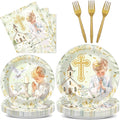 96Pcs First Communion Plates and Napkins for Baptism God Bless Party Supplies Green Mi Primera Comunion Paper Dessert Plates Tableware Set for Boy 24 Guests Baby Birthday Christening Party Decorations