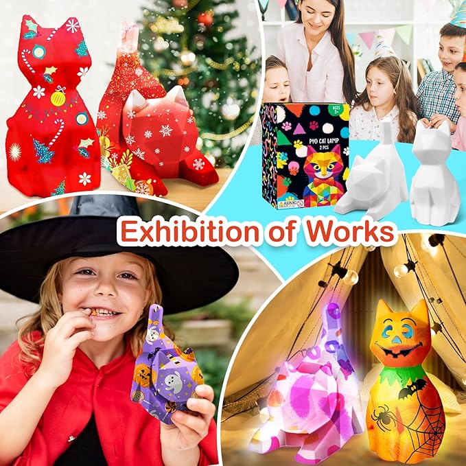 Goody King Paint Your Own Cat Lamp Art Kit, 2PCS DIY Night Light, Arts & Crafts for Kids Ages 8-12, Painting Kit for Girls Boys Age 4 5 6 7 8+, Art Supplies Cat Craft Birthday Gifts for Kids Ages 3+