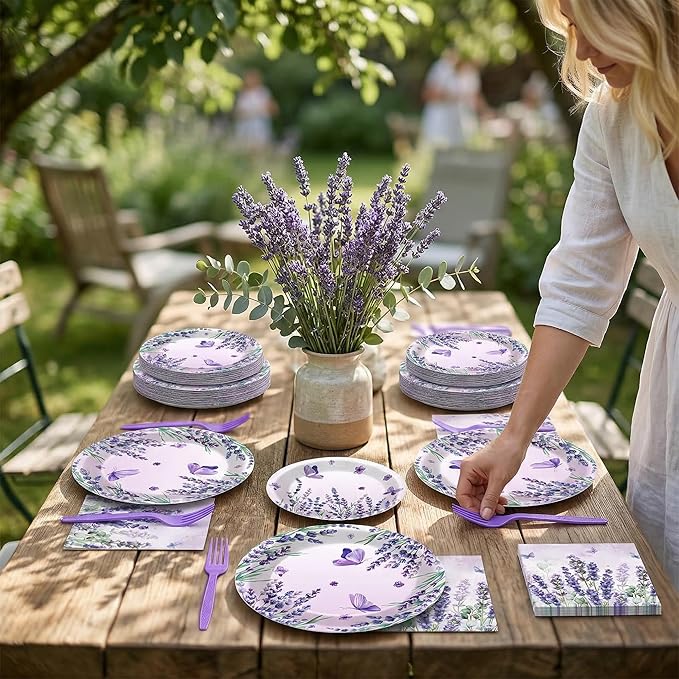 96 Pcs Spring Purple Party Supplies Lavender Paper Plates Napkins Watercolor Floral Cake Dessert Tableware Set Flower Butterfly Dinnerware for Summer Birthday Party Shower Decoration Serve 24