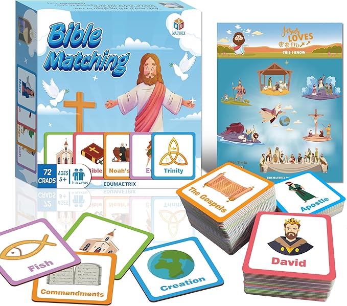 72 (36 Pairs) Bible Trivia Memory Matching Game with Poster and Online Trivia Language Learning Games for ESL and Language Immersion
