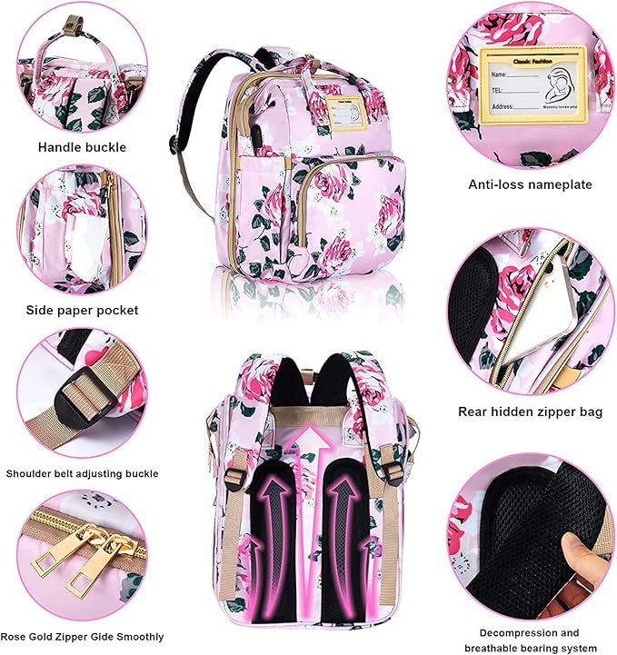 GurZinn Diaper Bag Backpack with Changing Station, Foldable for Bady Toddler, 3 in 1 Large Capacity Newborn Essentials Organizer with Stroller Hook for Girls and Boys（Pink）