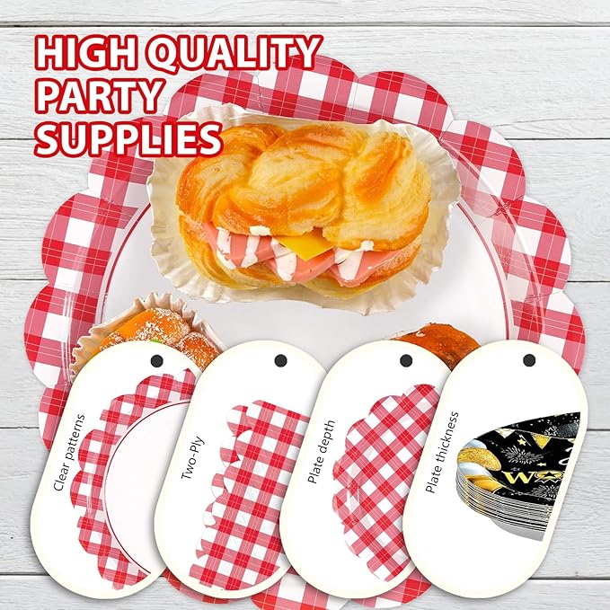 168 Pcs Red Gingham Checkered Party Supplies Scalloped Red and White Checkered Plates Napkins Cups Forks Tableware Sets for Birthday Wedding Picnic BBQ Bridal Baby Shower Supplies Serves 24