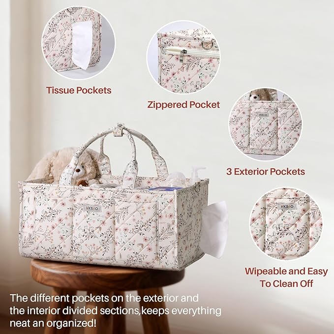 Extra Large Diaper Caddy Organizer – Big Baby Essentials Nursery Storage Basket with Zipper Pocket & Shoulder Strap, Splashproof Travel Tote for Twins, Gifts for Baby Shower, Beige Floral
