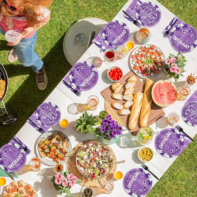 Qyeahkj 100 Pcs Purple Official Teen Birthday Decor 13th Birthday Plates Napkins Forks Set Disposable Official 13th Tableware Teenager Paper Plates Dinnerware Decorations Serve 25