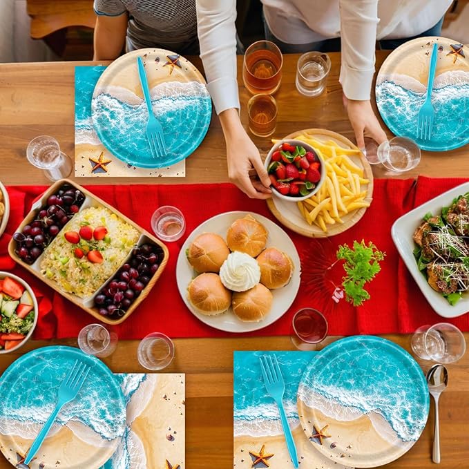 72 Pcs Ocean Waves Paper Plates Disposable Beach Party Birthday Dessert Plates Napkins Forks Tableware Set Summer Pool Party Decoration Supplies for Baby Shower Blue Ocean Hawaiian Birthday, Serve 24