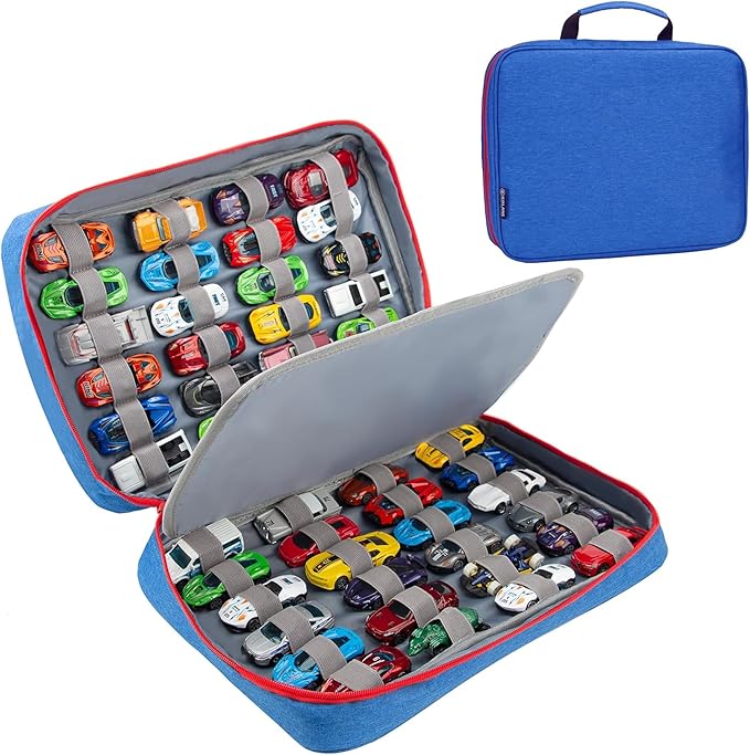 KISLANE Car Storage Case Organizer for 48 Vehicles – Portable 1:64 Scale Die-Cast Collection Carrying Case with Elastic Slots, Travel Storage Bag for Collectors, Blue