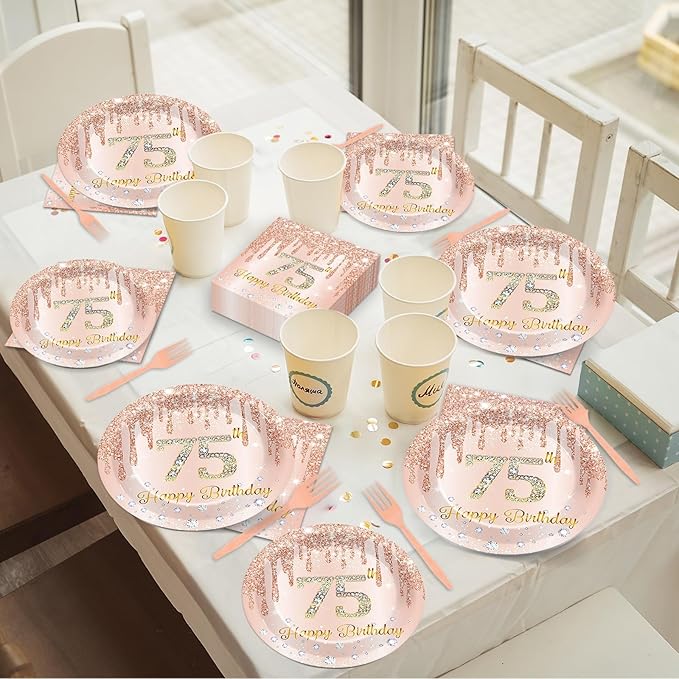 96 Pcs Rose Gold 75th Birthday Party Plates and Napkins for Girls Rose Gold Party Supplies Pink Happy 75 Years Birthday Party Tableware Set for 24 Guests Party Decorations
