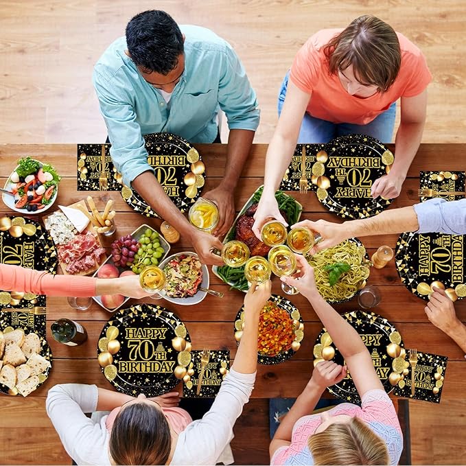 Kepeel 200Pcs 70th Birthday Party Tableware Set, Back in 1956 Birthday Party Decorations Supplies for Men Women Cheers to 70 Years Disposable Paper Plates Napkins Forks Favors, Serve 50