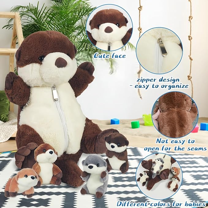 5 Pcs Sea Otter Stuffed Animal Plush Otter Set Large Mommy Stuffed Otter Plush Toy with 4 Babies in Zipper Pouch, Soft Cuddly Otter Plushies Pillow for Kids Boys Girls Birthday Christmas Plush Gifts