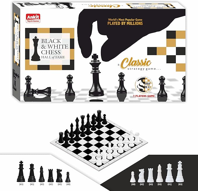Ankit Toys & Games Black & White Chess Set – Durable, Portable Strategy Game for Kids & Adults Age 6+ Perfect for Family, Parties, Travel, and Gifting (Board Size 38 * 38 Cm)