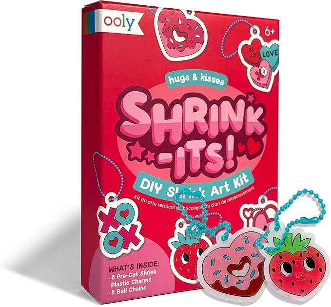 Ooly Mini Shrink-Its DIY Shrink Art Kit – 5 Pre-Cut Shrinking Plastic Charms and 5 Ball Chains, Hugs and Kisses, 10 Pc Set