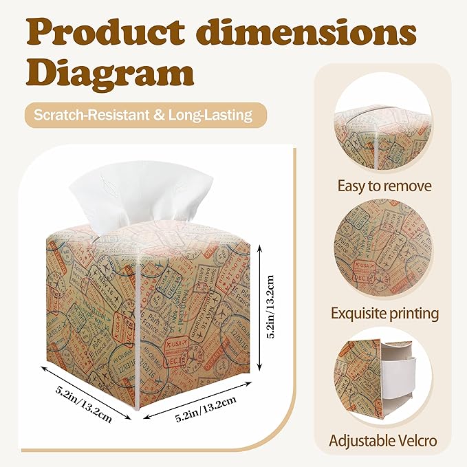 Retro World Travel Passport Stamp Tissue Box Cover - Vintage Square Leather Facial Paper Organizer, Decorative Travel Themed Holder for Bathroom Vanity, Home Office, Car & Travel Enthusiast Decor