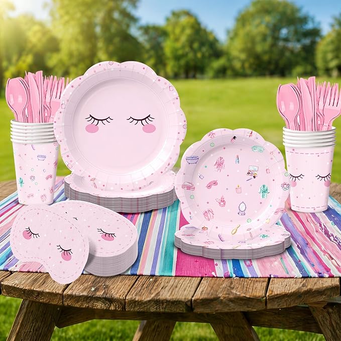 168Pcs Spa Paper Plates Napkins Pink Slumber Spa Tableware Set Sleepover Girls Makeup Birthday Party Supplies for Pajama Party Decorations Serves 24 Guests