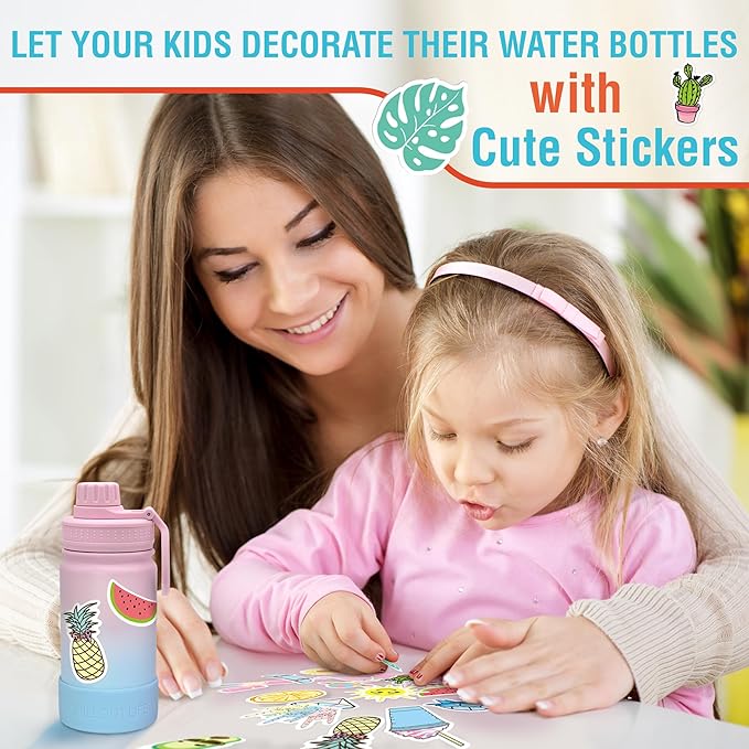 CHILLOUT LIFE 17 oz Kids Insulated Water Bottle for School with Leakproof Spout Lid and Cute Waterproof Stickers, Personalized Stainless Steel Thermos Flask Metal Water Bottle, Black
