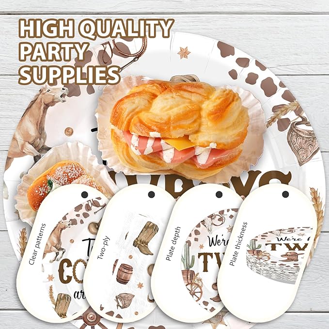 96Pcs Cowboys Twins Baby Shower Party Decorations Two Little Cowboys are On The Way Plates and Napkins Disposable Brown Wild West Tableware Set for Twins Boys Baby Shower Party Supplies Serves 24